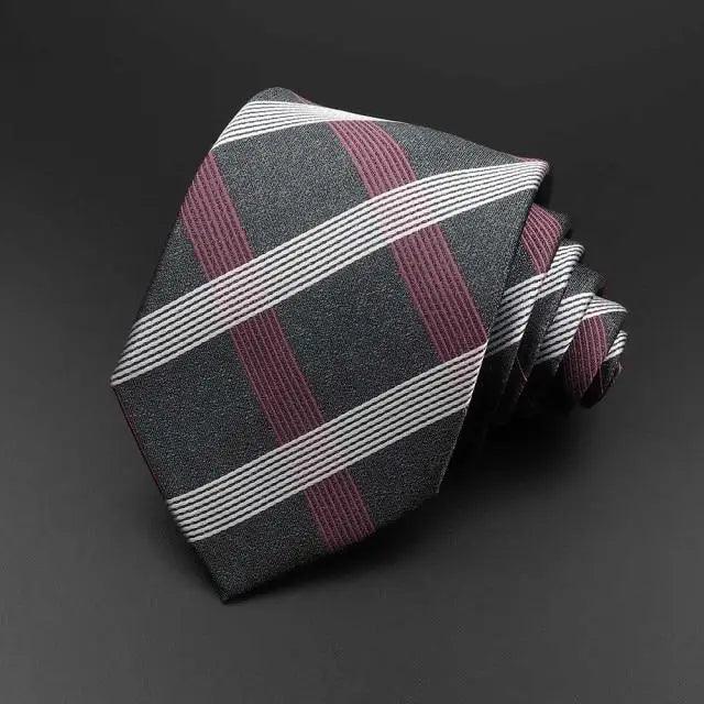 Men's necktie in dark gray with maroon and white diagonal plaid stripes.