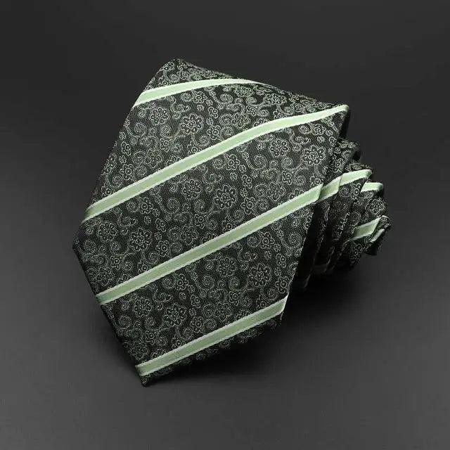 Dark green tie with two light green diagonal stripe bands