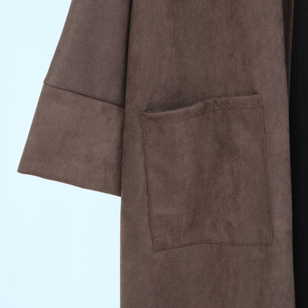 Brown suede abaya cardigan side patch pocket with open-front design