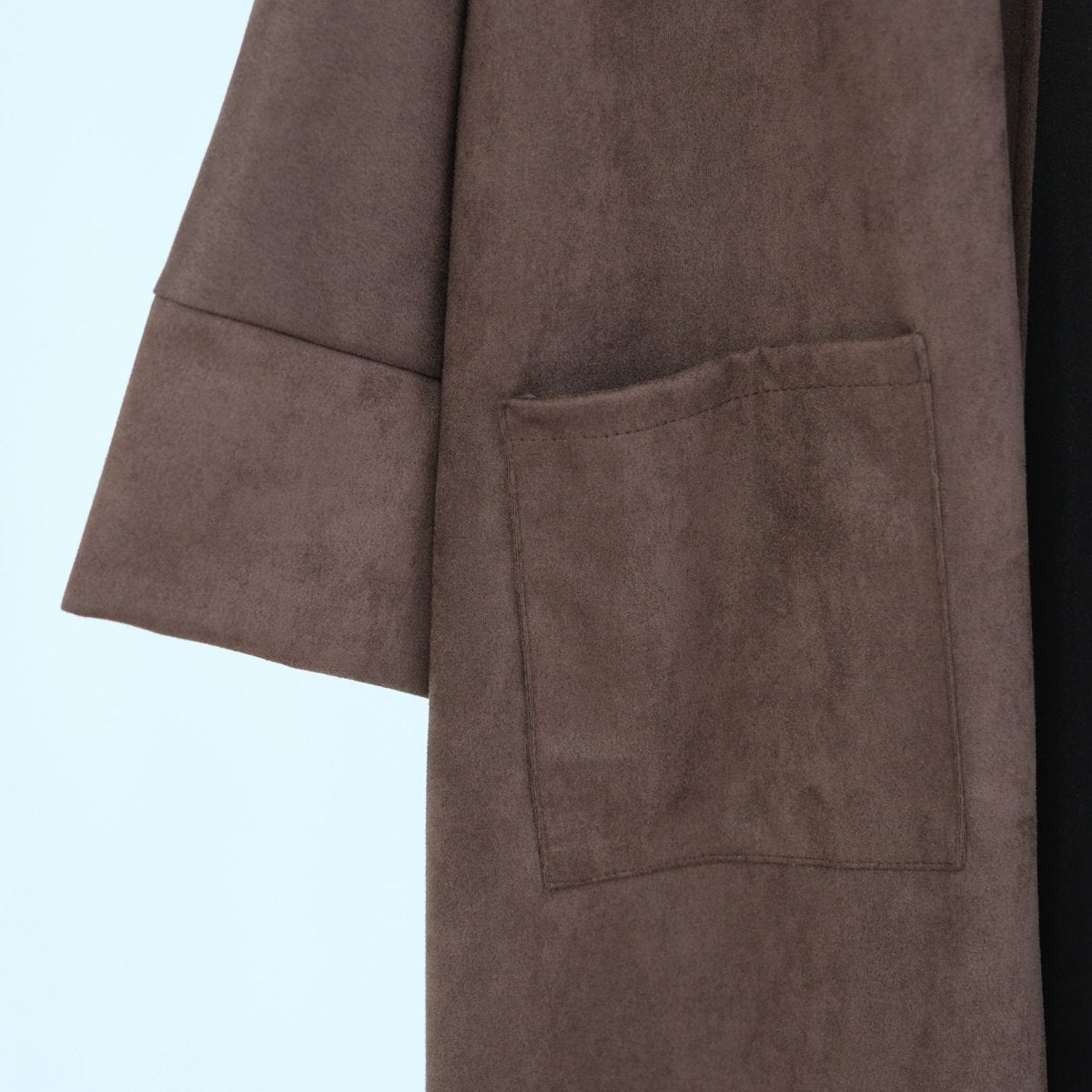 Brown suede abaya cardigan side patch pocket with open-front design