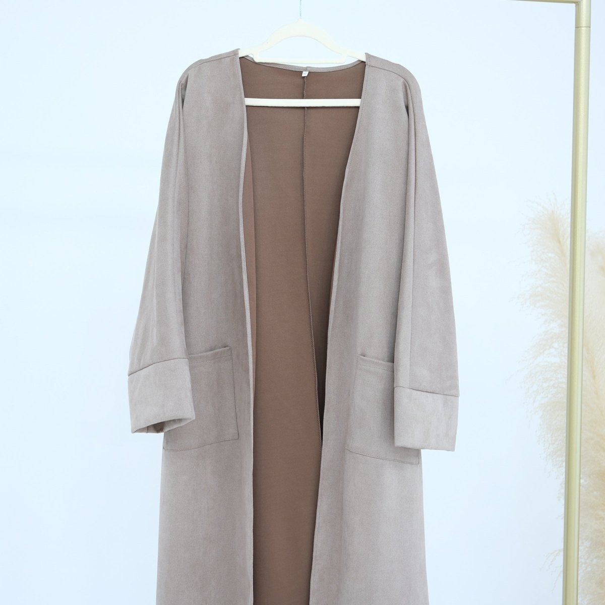 Light taupe suede open-front long abaya cardigan with front patch pockets