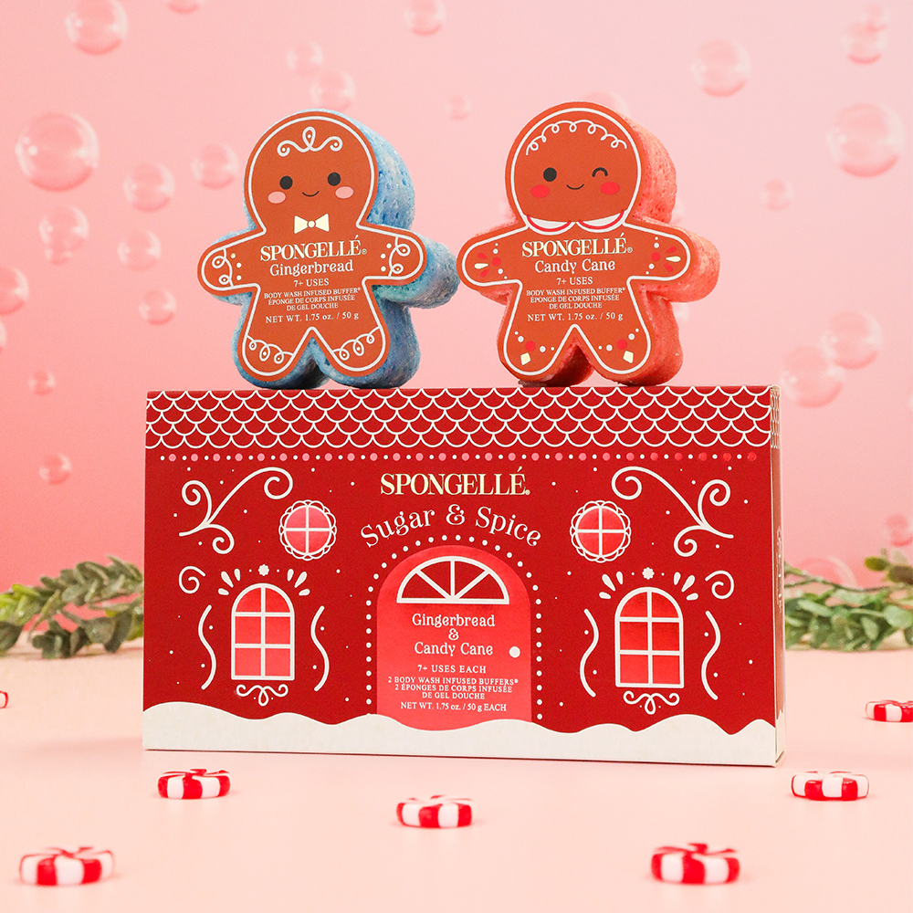 Holiday gingerbread gift set with two gingerbread-shaped soaps and red box
