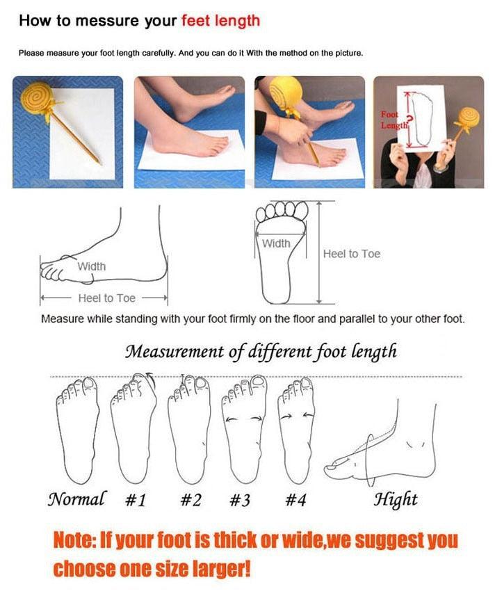 Flip-flop size measuring guide diagram with width and heel-to-toe chart