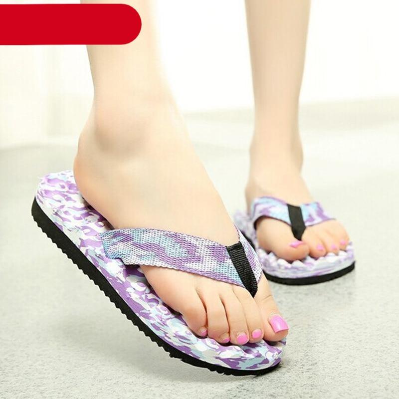 Purple camo platform flip-flops with thong strap and black outsole