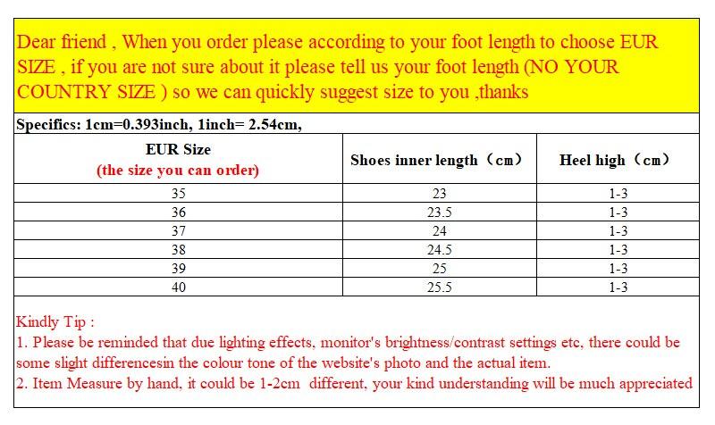 Flip-flop size chart with EUR sizes, shoe inner length, and heel height