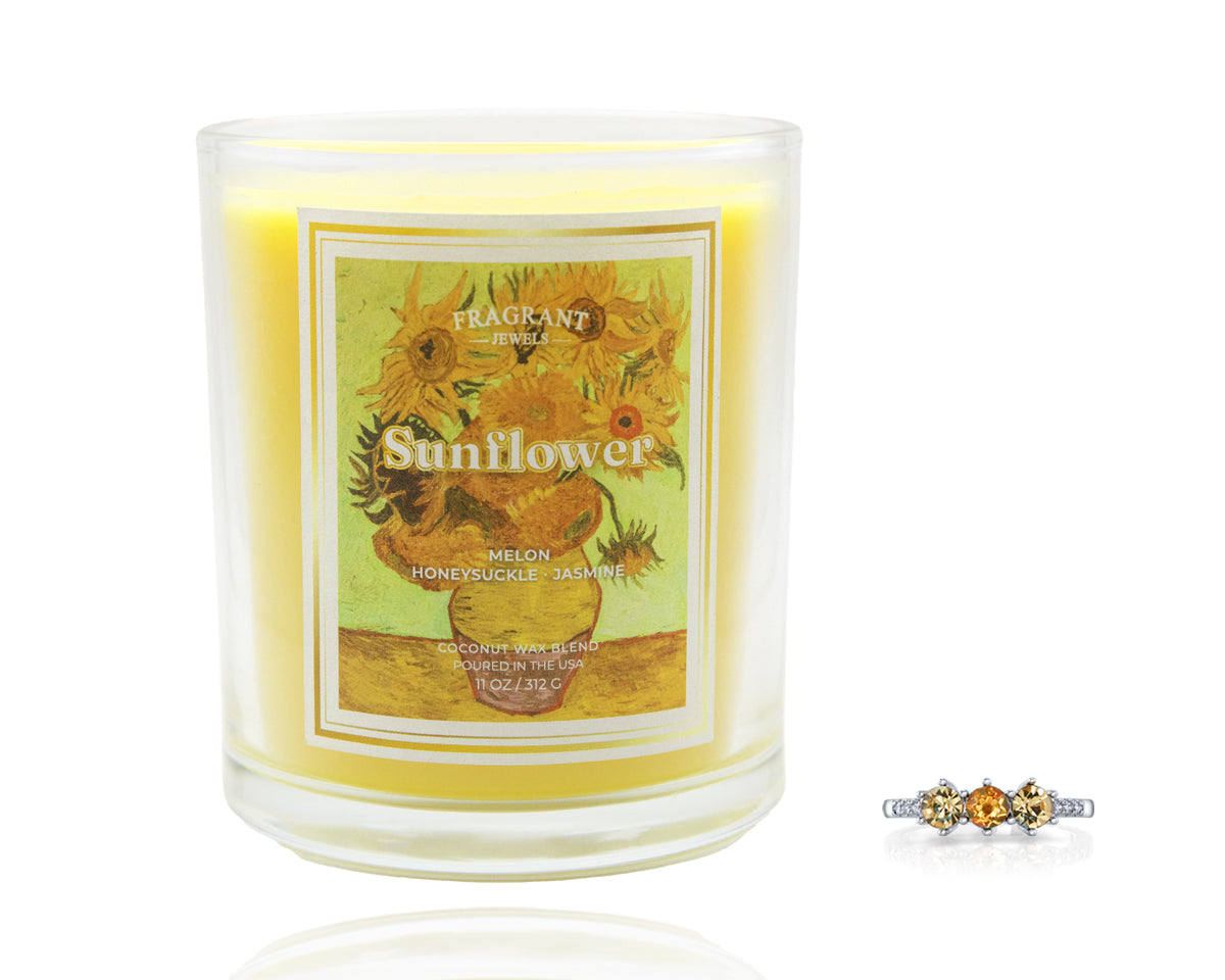 Sunflower jewel candle in clear glass jar with yellow label
