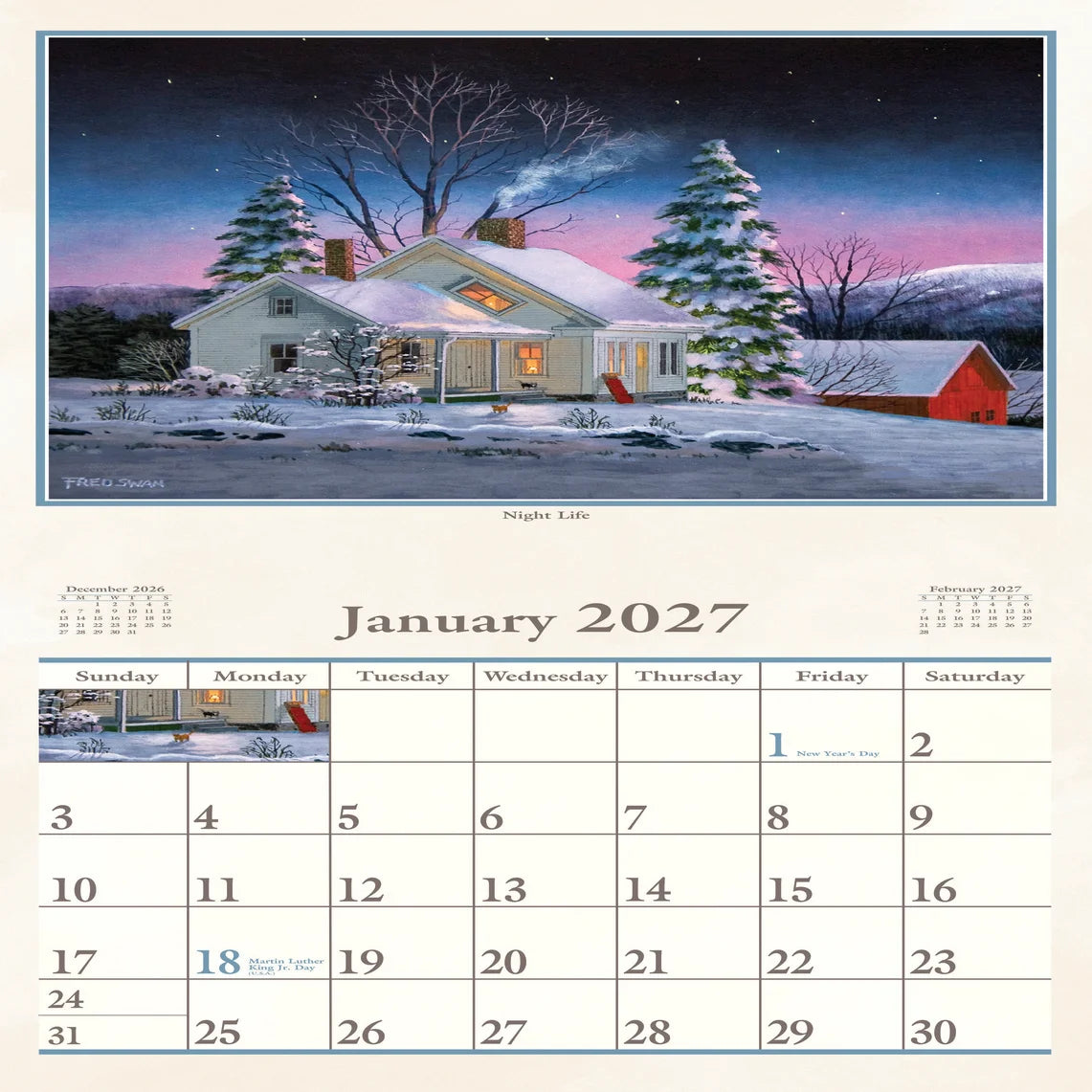 January 2027 page of a 2027 calendar with house artwork and month grid