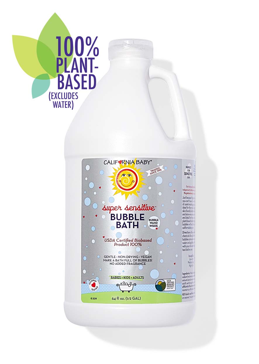 Fragrance-free bubble bath jug with side handle and front label