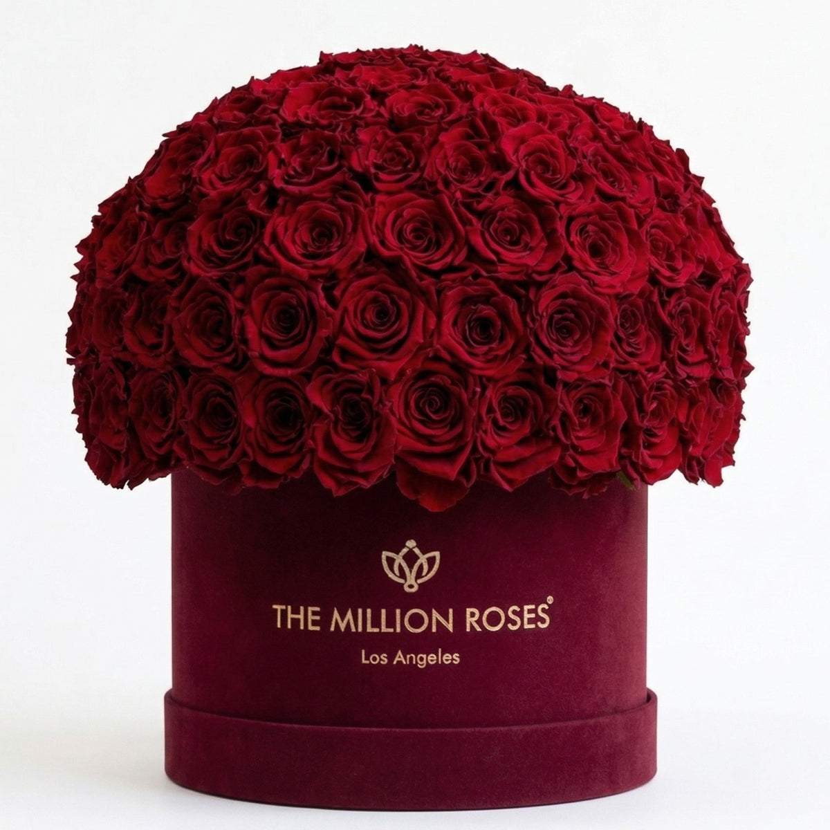 Round dark-red rose bouquet in burgundy box with THE MILLION ROSES text