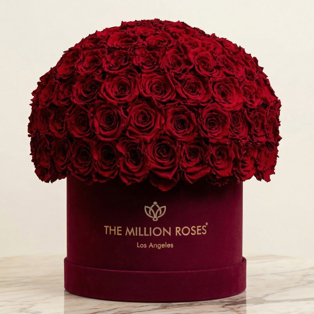 Round dark-red rose bouquet in burgundy gift box, logo and THE MILLION ROSES lettering