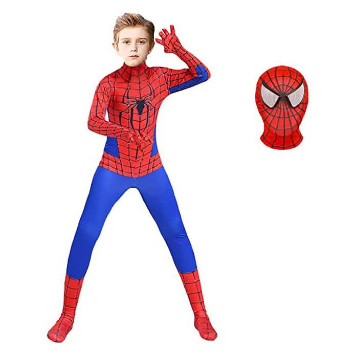 Kids superhero bodysuit in red webprint with blue panel and matching red gloves