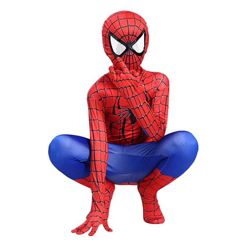 Kids superhero bodysuit with red web pattern, black spider emblem, blue belly section