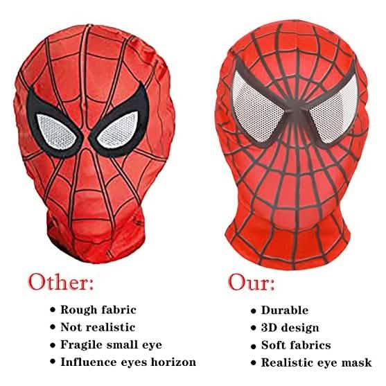 Red spider-style face masks with molded black web lines and white eye panels (pair)