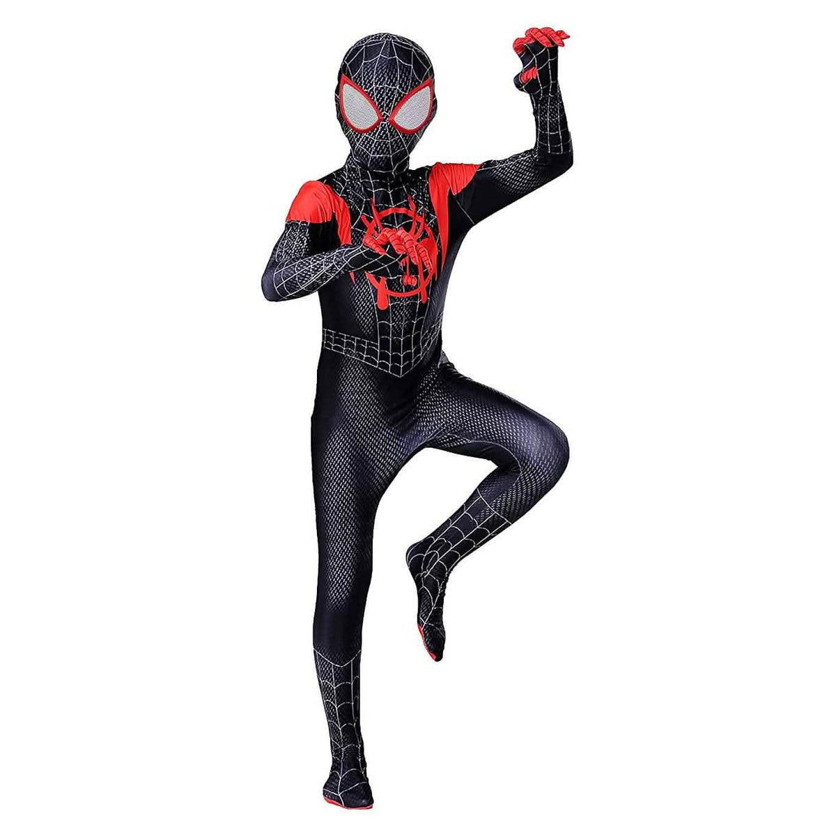 Kids superhero bodysuit in black with red spider emblem, web pattern and webbed mask