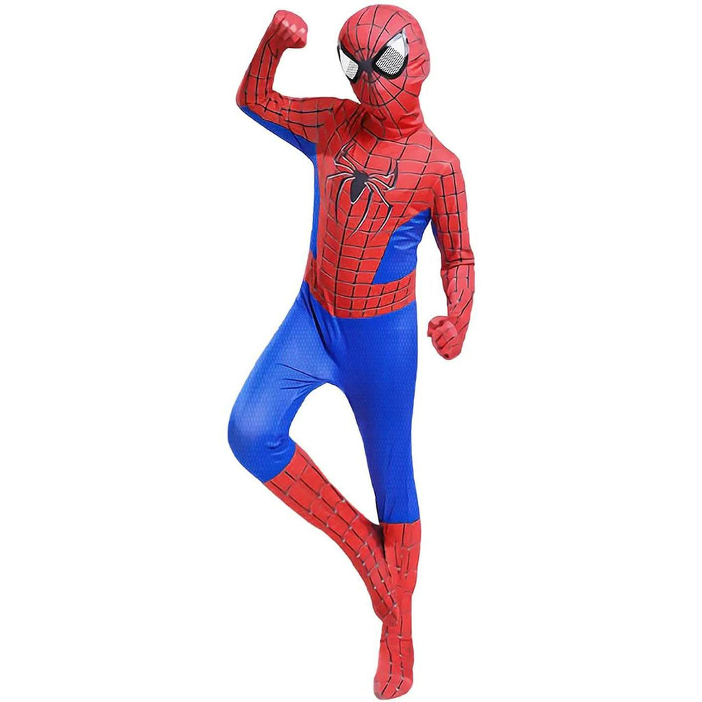 Kids superhero bodysuit in red webprint with blue legs and red molded web gloves
