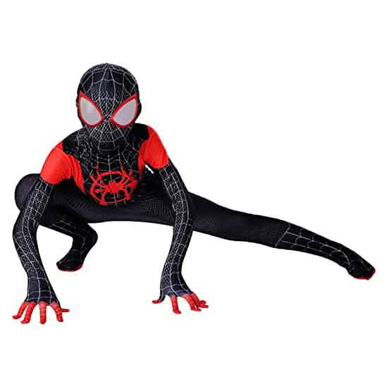 Kids superhero bodysuit in black with red accents, hooded mask face, and web pattern