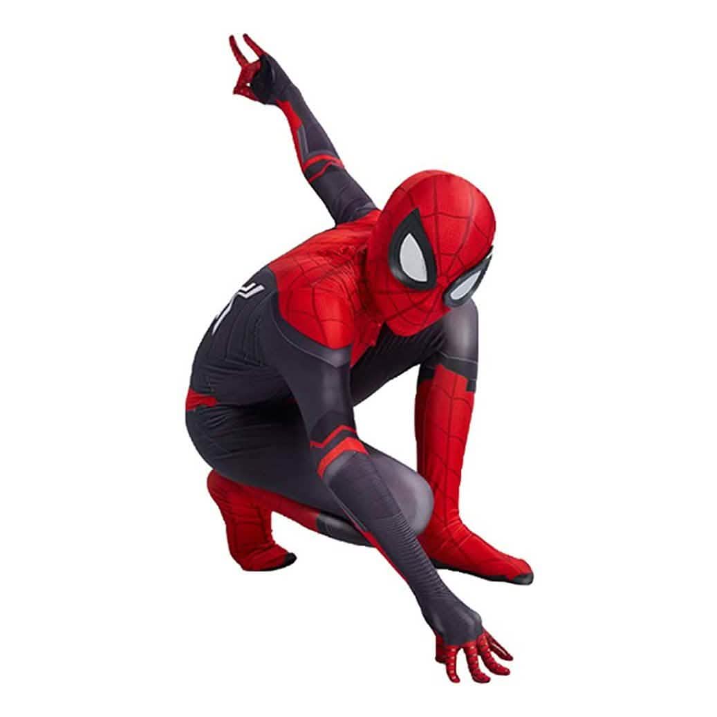 Kids superhero bodysuit in red and dark gray with hooded mask design and web pattern