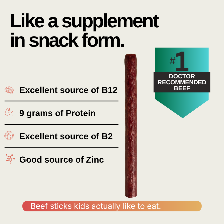 Beef stick in snack form, with B12, B2, zinc icons and 9 grams protein callouts