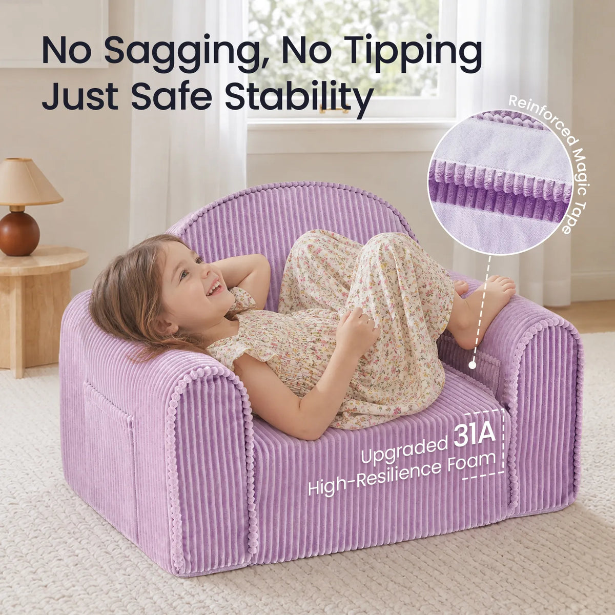 Purple corduroy kid sofa with rounded back and side panels for stable seating