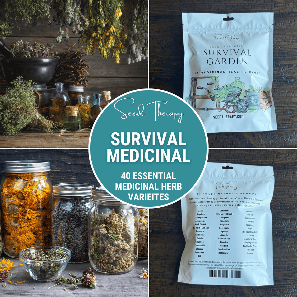 Two white Survival Garden medicinal herb variety pouches with Seed Therapy branding