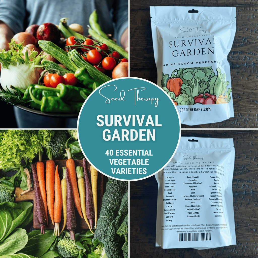 Survival Garden seed packet set with front and back views and 40 varieties label