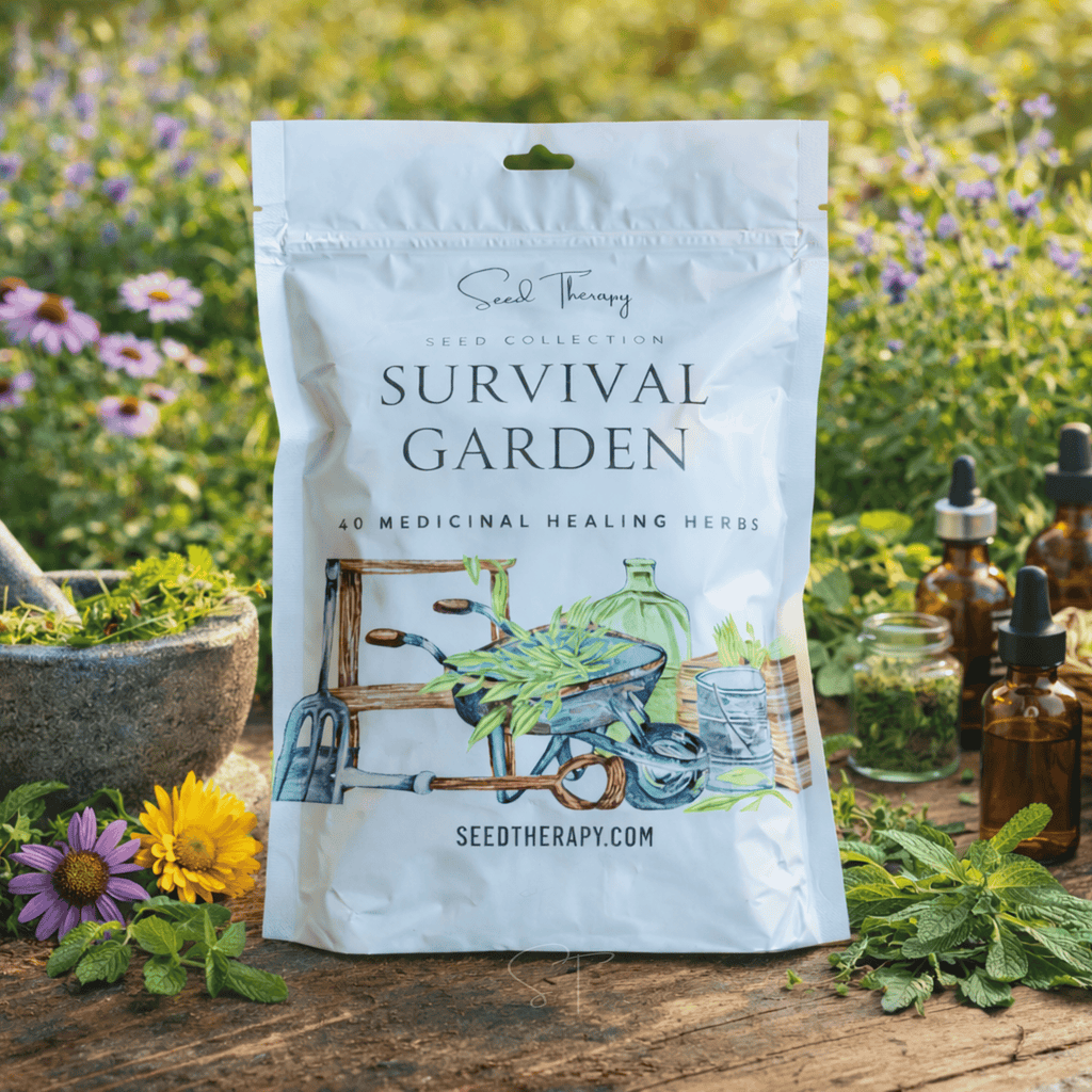 White Survival Garden medicinal herb seed packet pouch with Seed Therapy logo