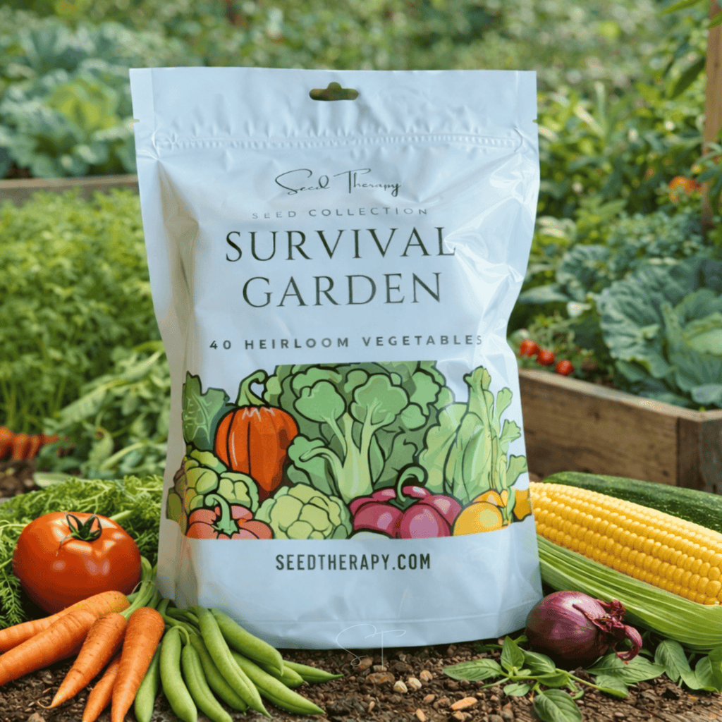Survival Garden seed packet, white bag with green vegetable illustration and logo