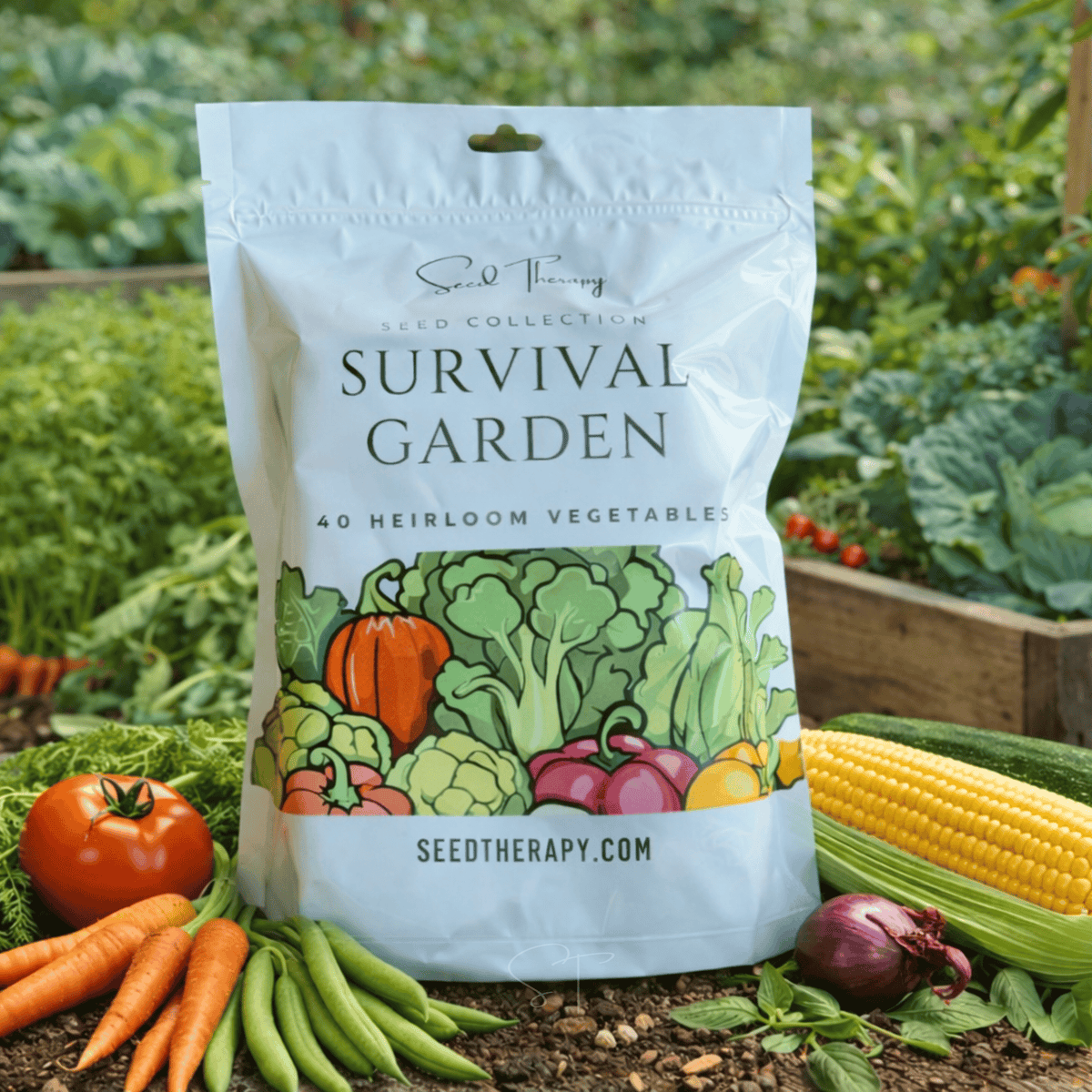 Survival Garden seed packet, white bag with green vegetable illustration and logo