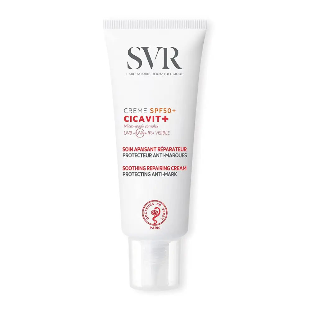 SVR Cicavit+ SPF50+ cream tube, front view with red logo and Paris seal