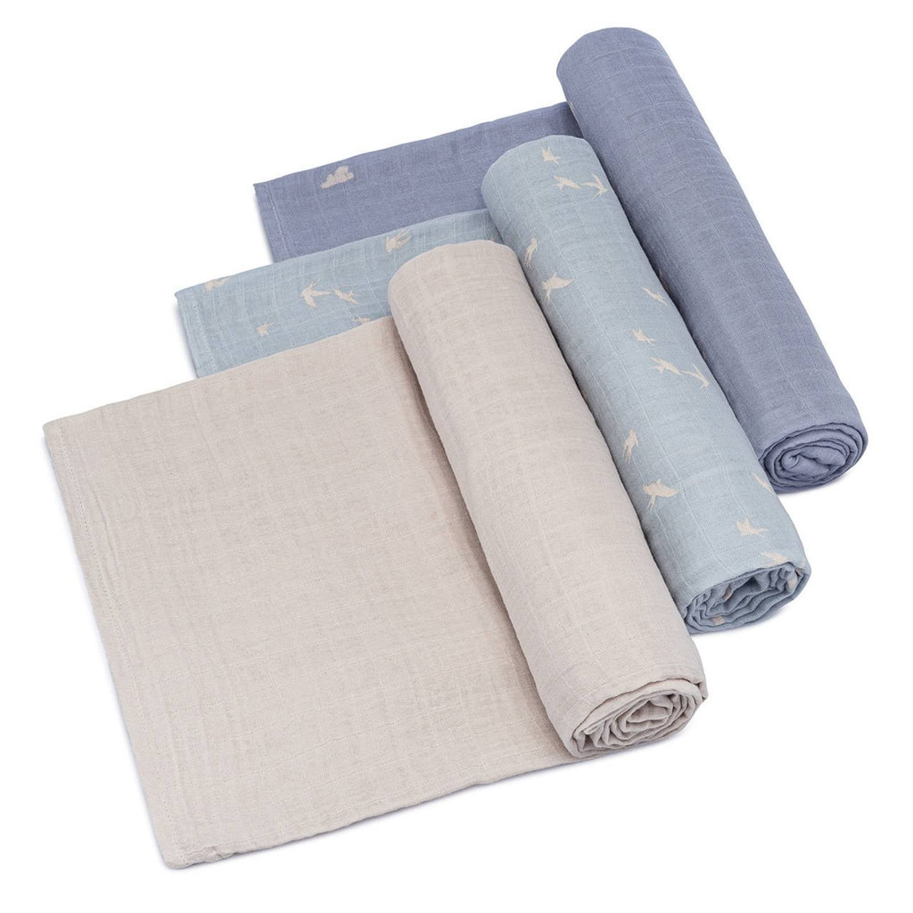 Three muslin swaddle blankets in light blue and beige with cloud and bird prints