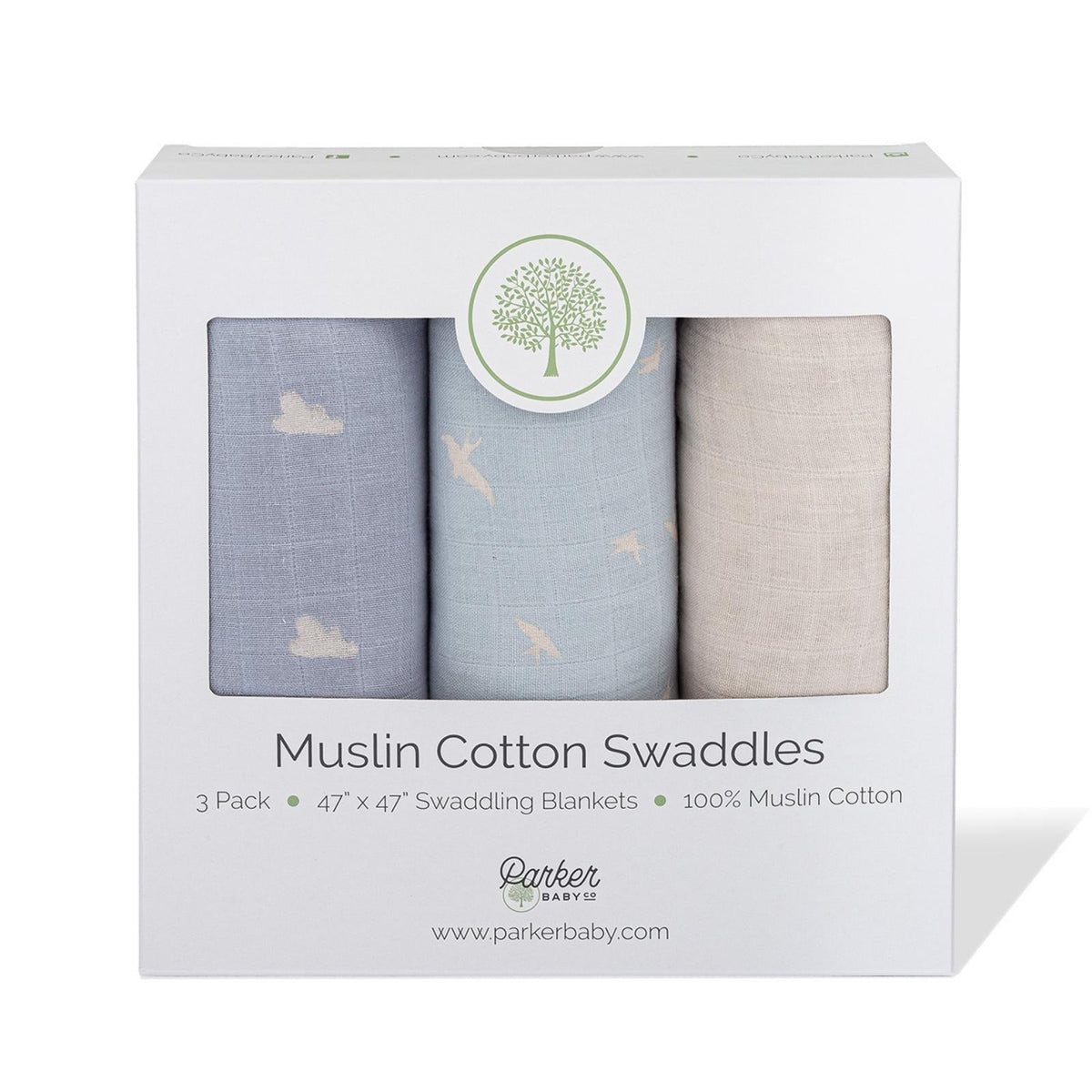 Boxed set of three muslin cotton swaddles in blue and beige with cloud and bird prints