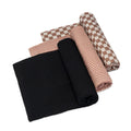 Muslin swaddle set of three: dark solid, rose striped, and brown checkered squares