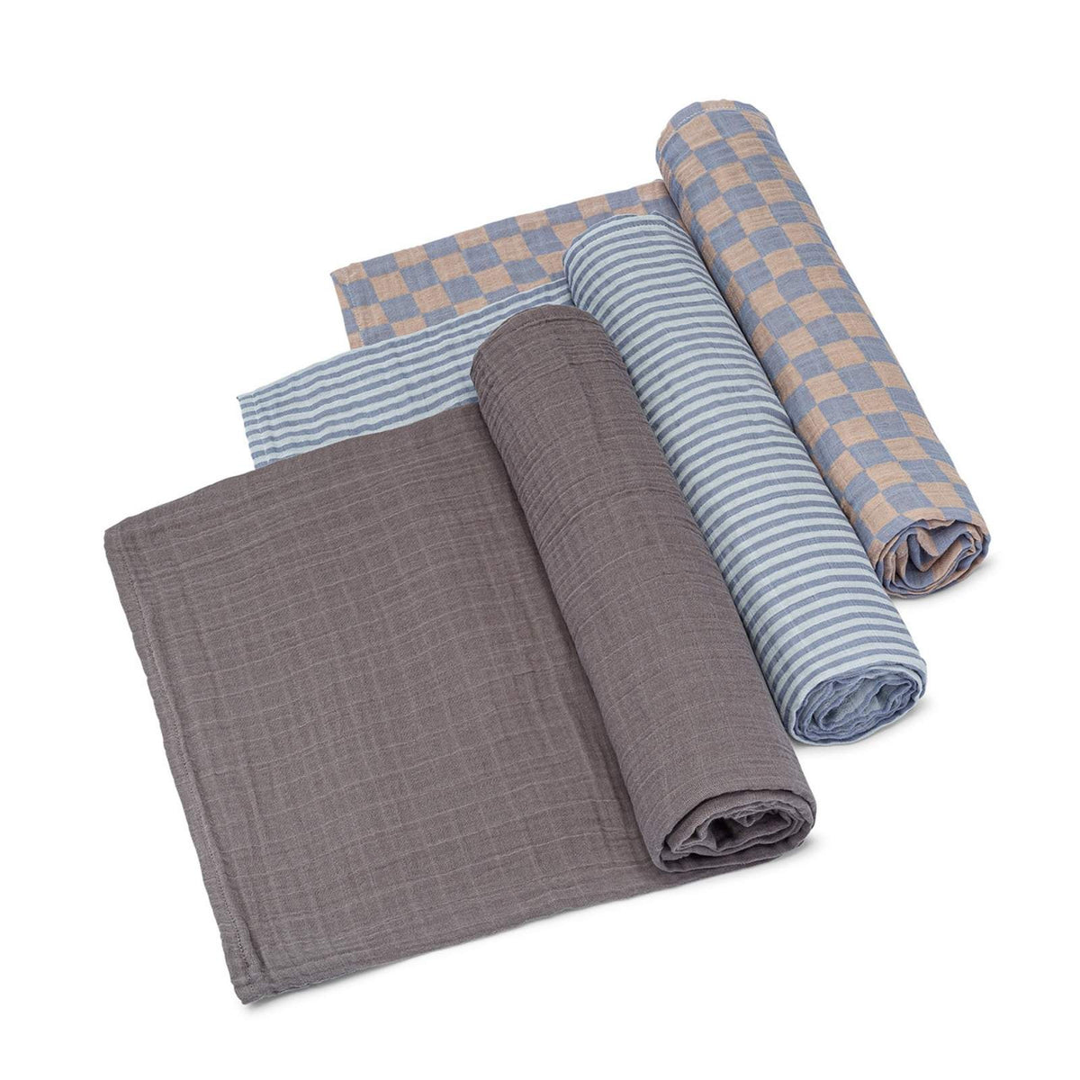 Stormy swaddle set, 3 muslin cotton blankets in dark gray, blue stripes, and tan checks