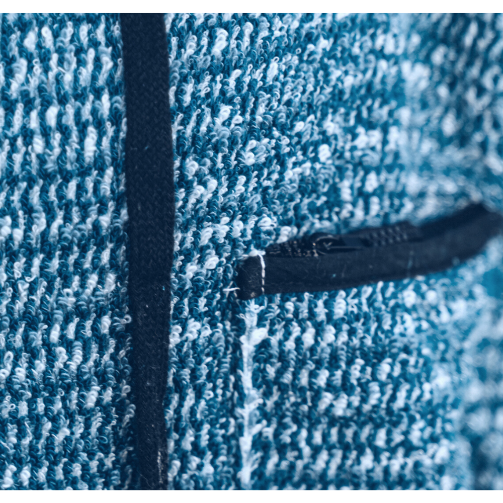Indigo blue knit blanket hoodie, short sleeves, hood, front button placket