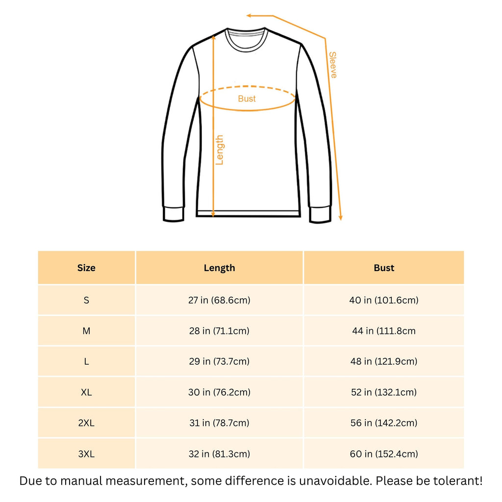 Sweatshirt size chart showing length and bust measurements by size