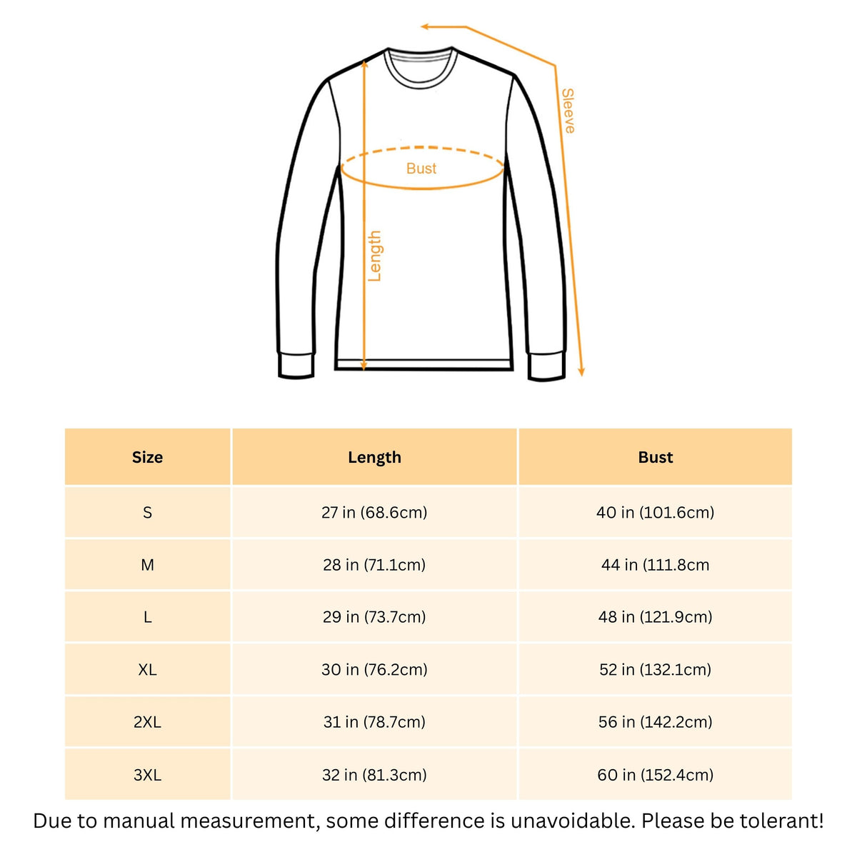 Sweatshirt size chart showing length and bust measurements by size