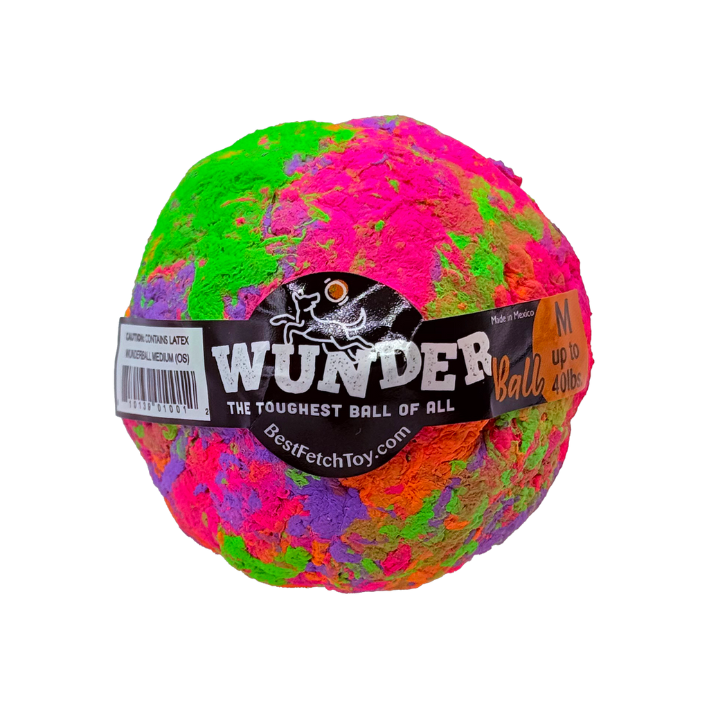 Multicolor textured fetch ball toy with black label and warm-toned size print