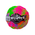 Multicolor textured fetch ball toy with black label and warm-toned size print