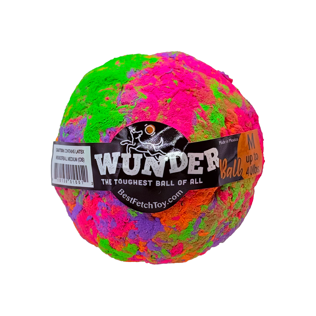 Multicolor textured fetch ball toy with black label and warm-toned size print