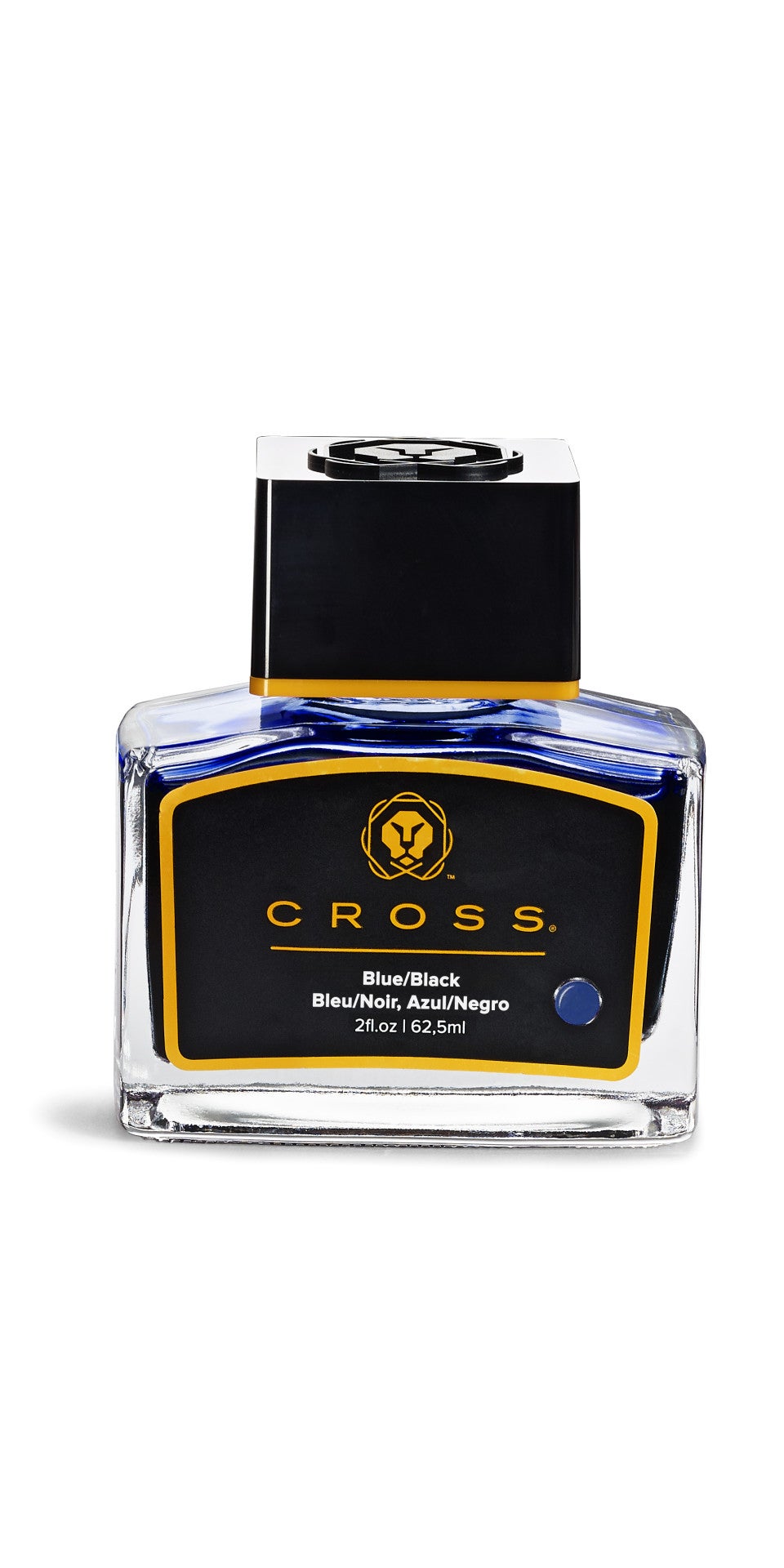 Blue/black fountain pen ink bottle with clear glass body, black cap, gold label