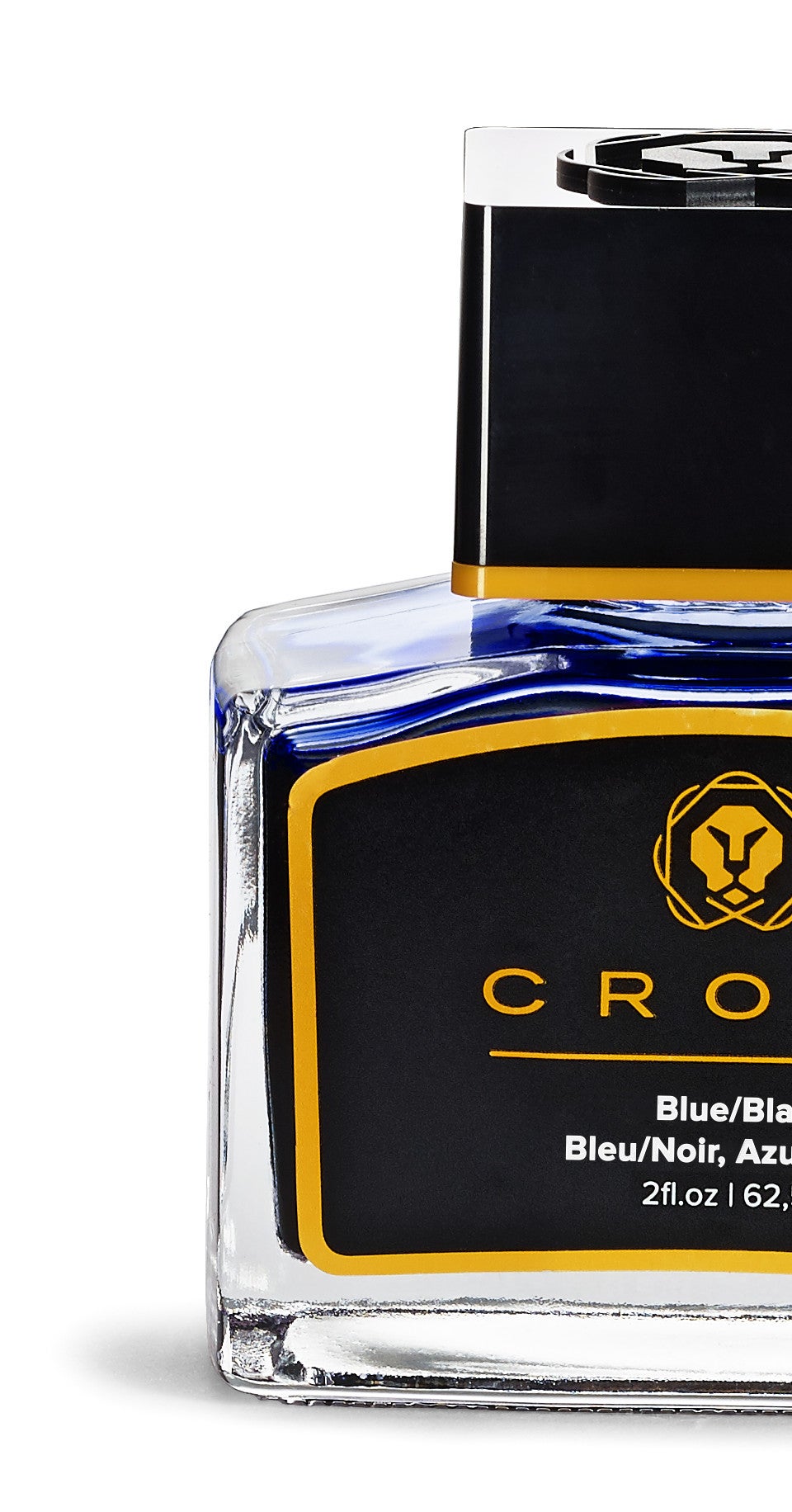 Close view of blue/black ink bottle label with black cap and gold Cross logo