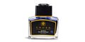 Blue/black fountain pen ink bottle with clear glass body, black cap, gold label