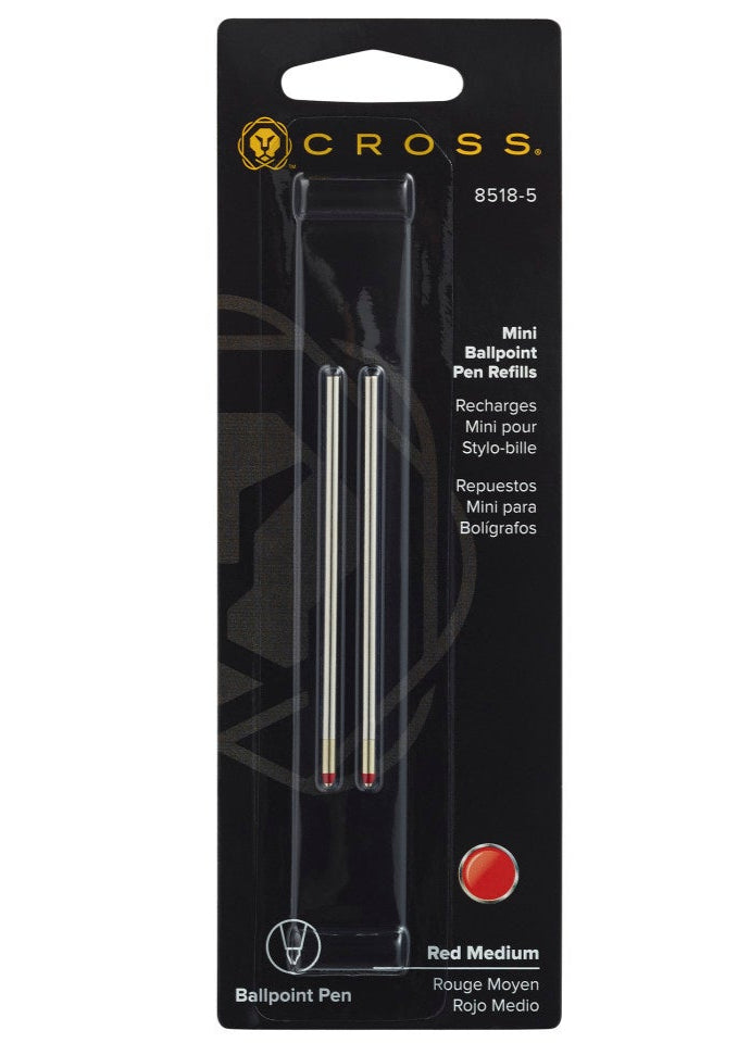 Mini ballpoint pen refills, red medium ink, two-pack in retail blister
