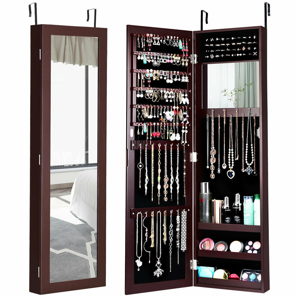 Full length mirror jewelry cabinet in dark brown with open necklace hook organizer and shelves
