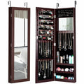 Full length mirror jewelry cabinet in dark brown with open necklace hook organizer and shelves