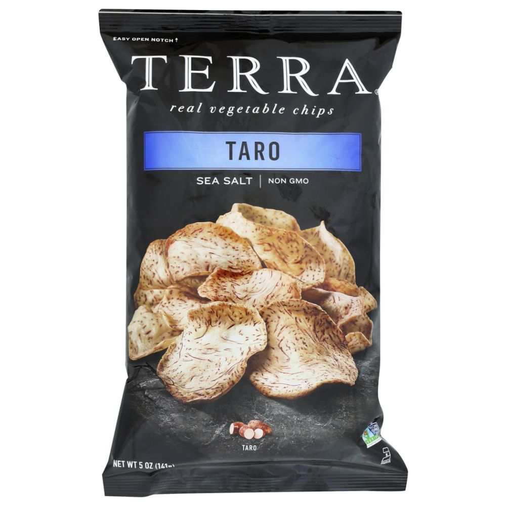 Taro sea salt vegetable chips in black bag, front with TERRA branding