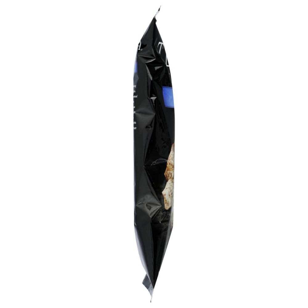 Black taro sea salt vegetable chips bag, shown from side with blue label strip