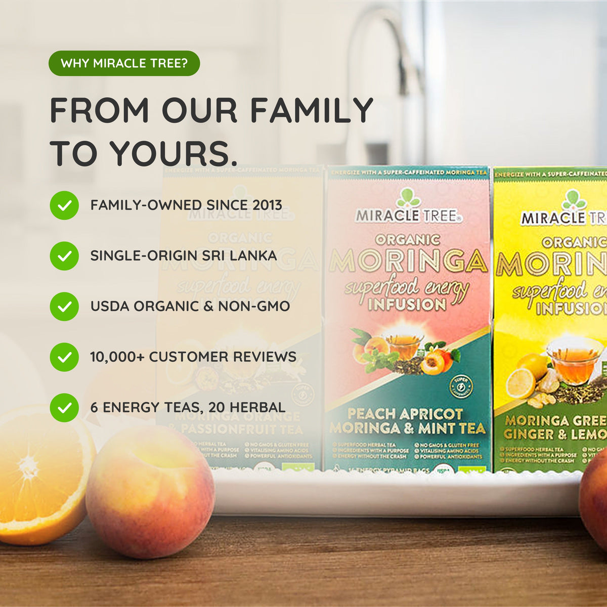 Organic moringa energy tea variety boxes with flavor labels