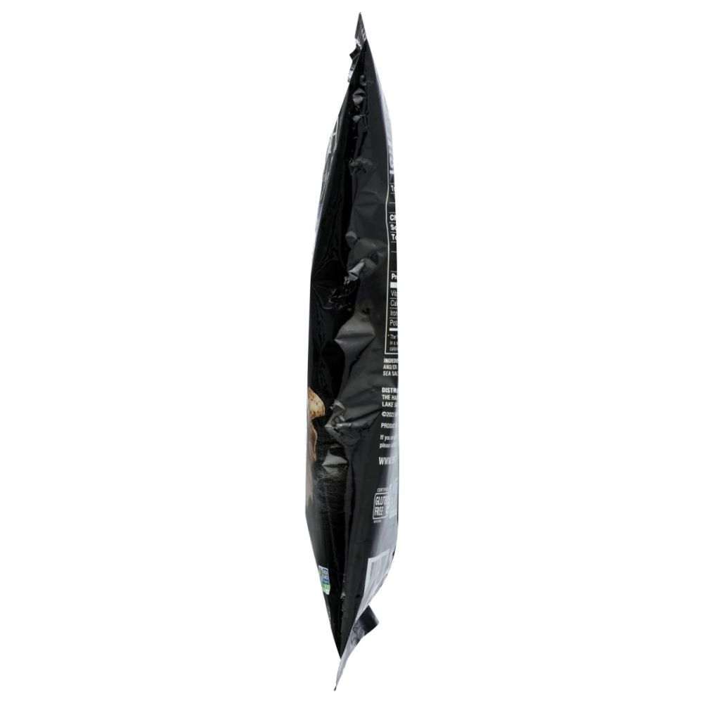 Black taro sea salt vegetable chips bag, angled view with printed text panel