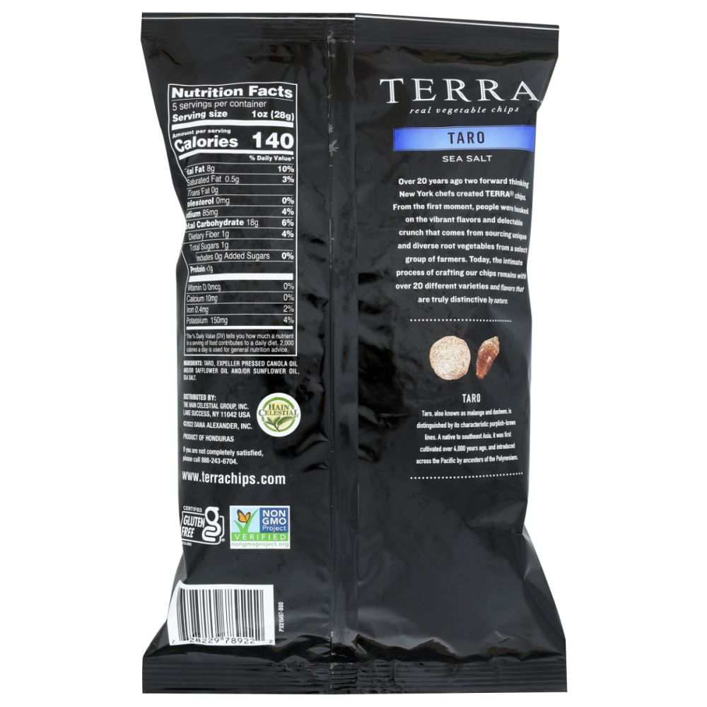 Back of taro sea salt vegetable chips bag with nutrition facts and barcode